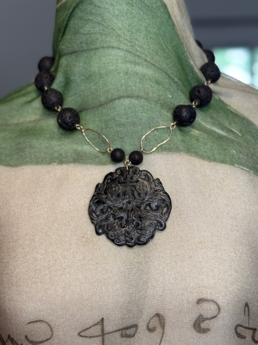 Hand-made Necklace of Antique Jade and Lava Beads