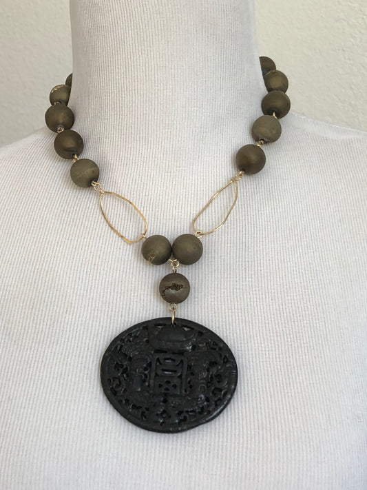 Hand-carved Black Jade Pendant with Druze Agate Chain