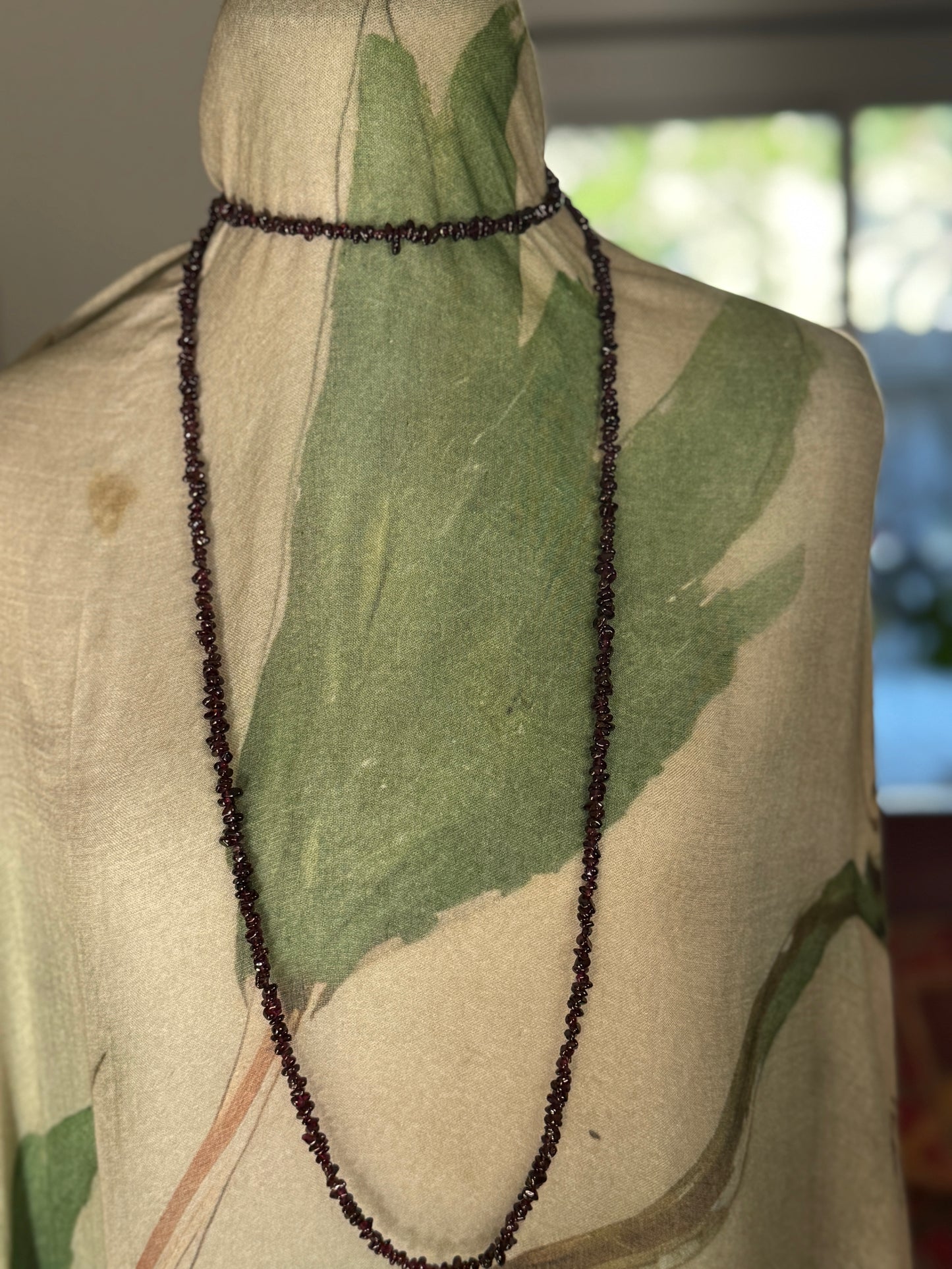 Extra Long Garnet Bead Necklace with Gold Accents