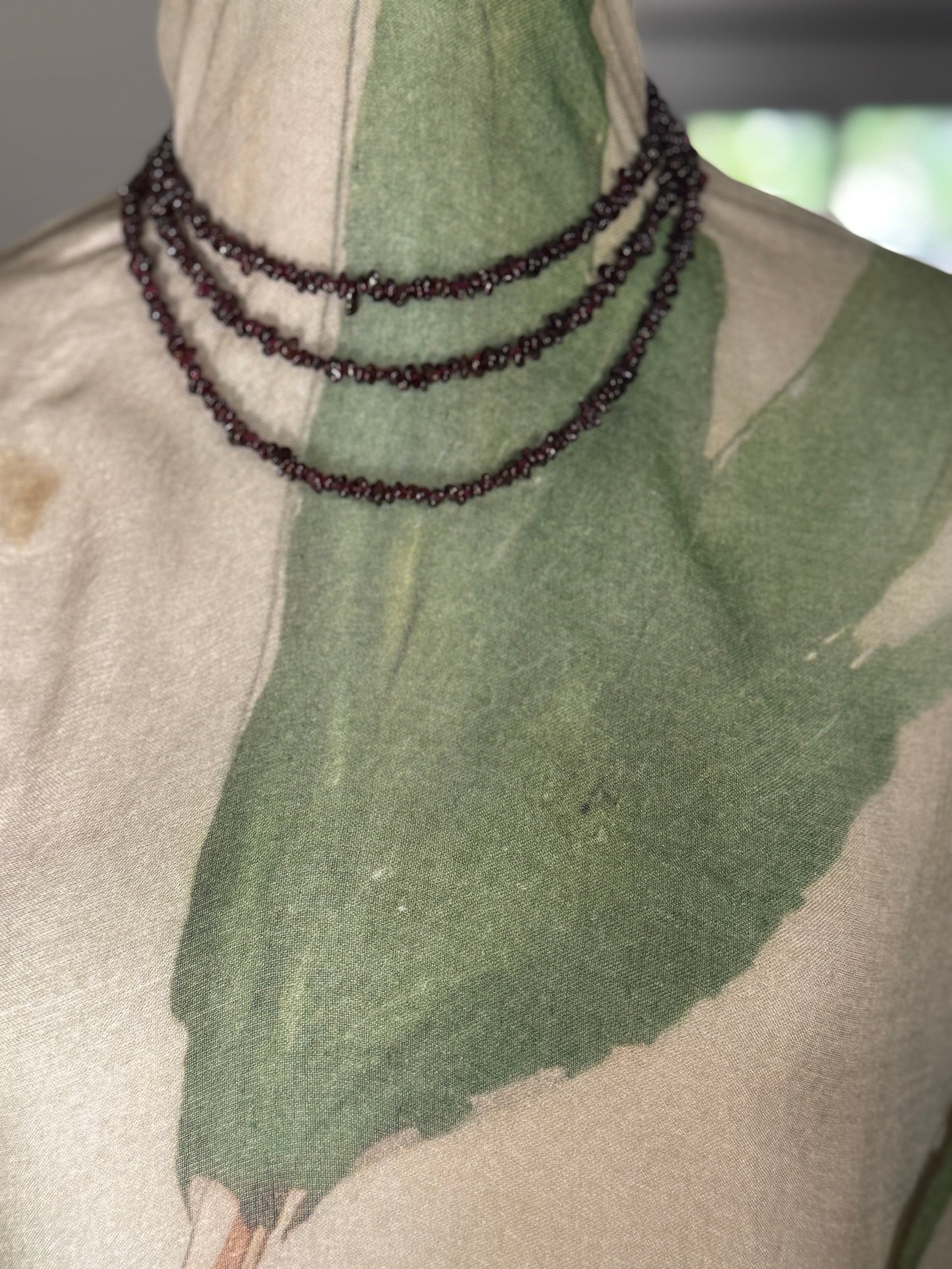 Extra Long Garnet Bead Necklace with Gold Accents