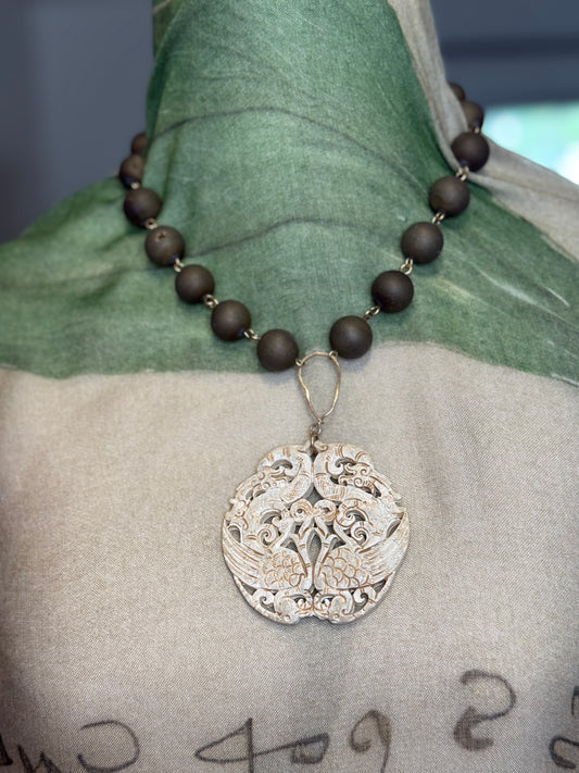 Hand-carved White Jade Pendant with Druze Agate Chain
