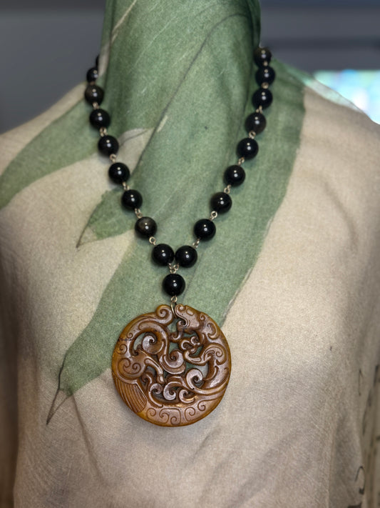 Hand-carved Necklace of Golden Onyx and Antique Jade