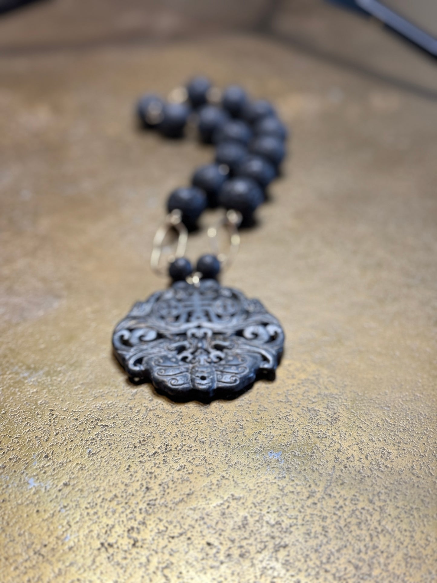 Hand-made Necklace of Antique Jade and Lava Beads