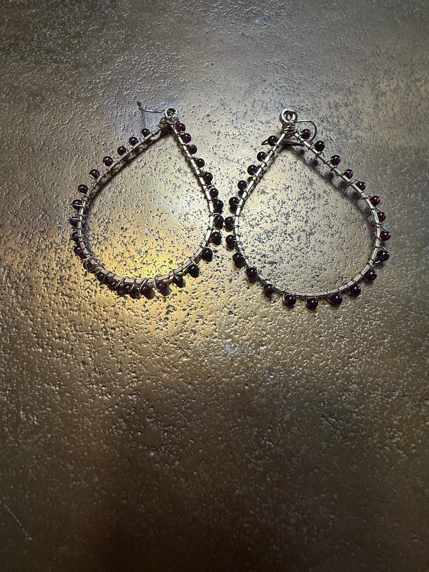 Hammered Gold Teardrop Hoop Earring with Garnet Bead Detail