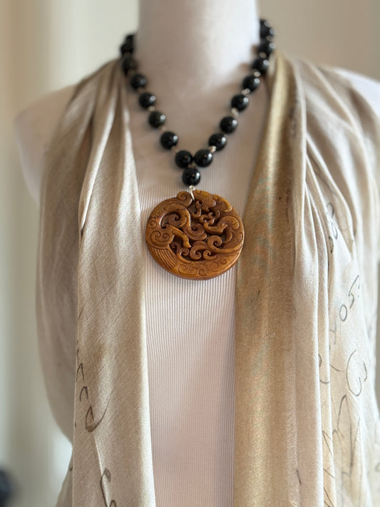 Hand-carved Necklace of Golden Onyx and Antique Jade
