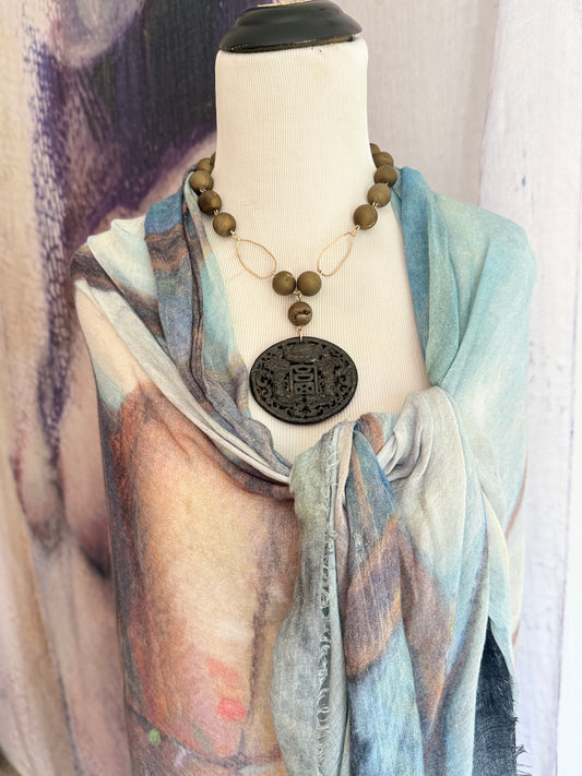 Hand-carved Black Jade Pendant with Druze Agate Chain